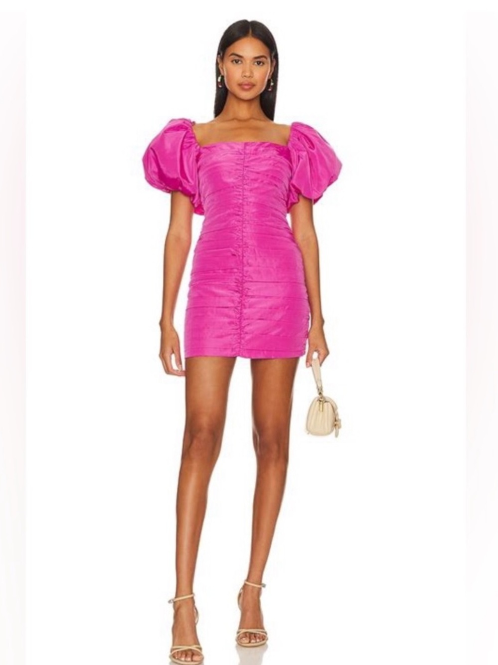NEW RHODE Suzette Puff Shoulder Rouching Malibu Pink Mini Dress, Size 8